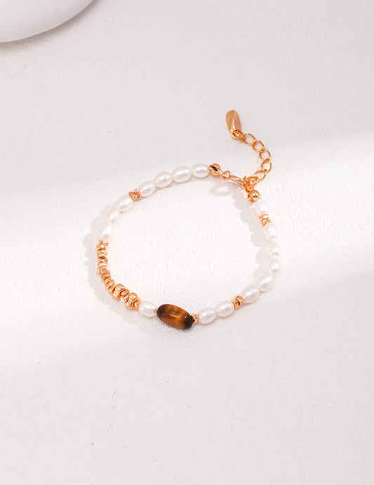 S925 Sterling Silver Tiger Eye Stone Pearl Bracelet