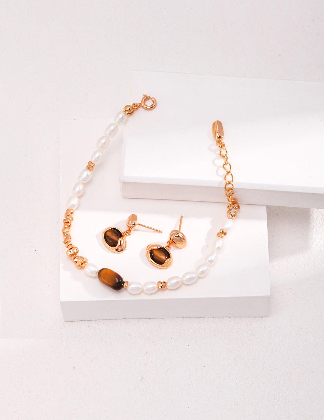 S925 Sterling Silver Tiger Eye Stone Pearl Bracelet