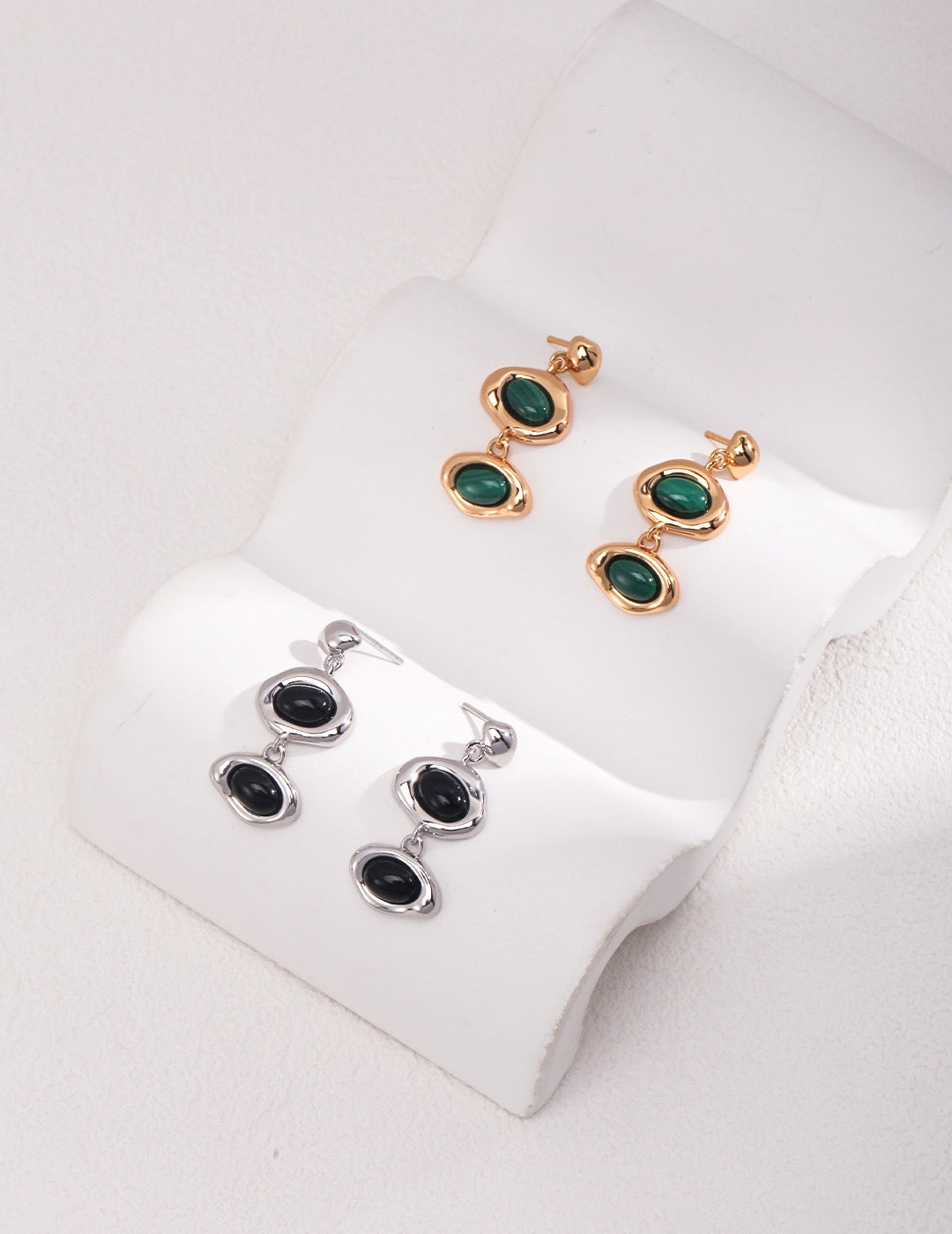 S925 Sterling Silver Malachite Black Onyx Earrings Elegant Simple Jewelry