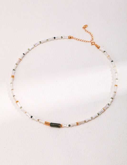 S925 Sterling Silver Mother Oyster Bamboo Beaded Necklace